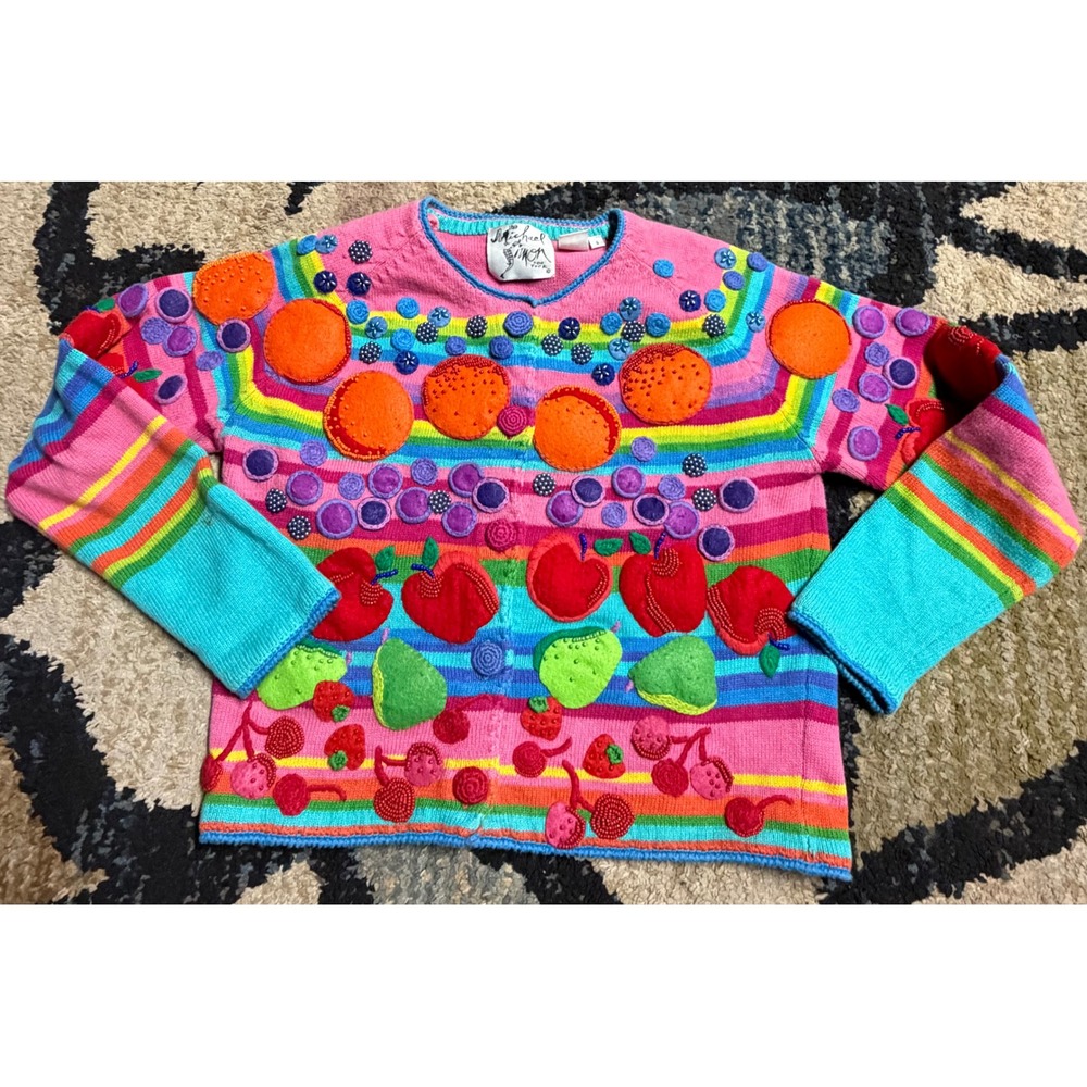 Michael Simon Vintage 1998 Fruit Applique Rainbow Striped Beaded Cardigan Small